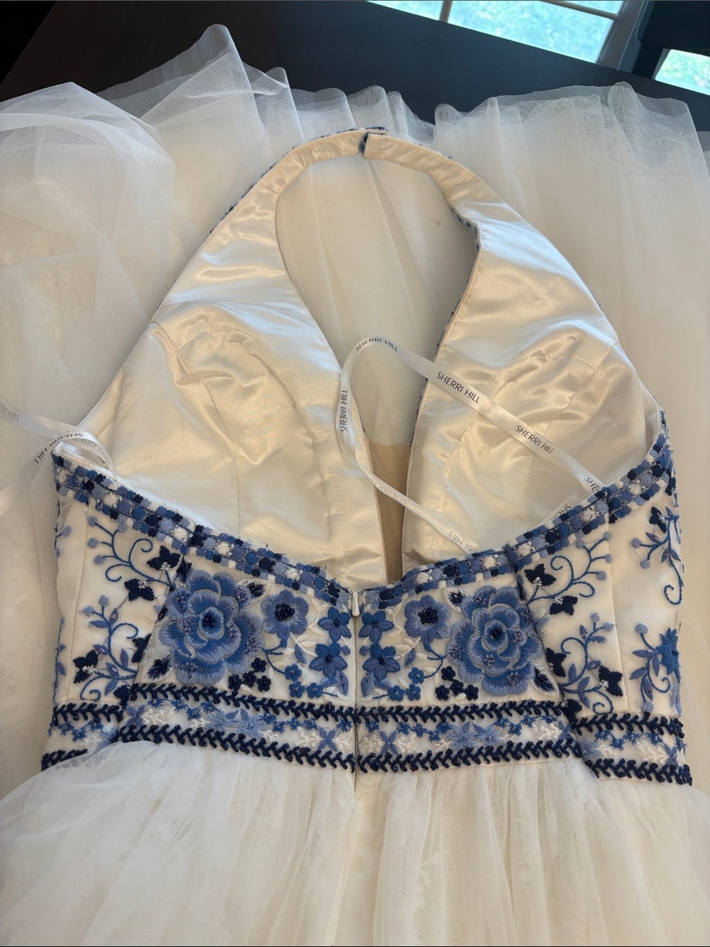 Blue and White Embroidered Halter Evening Dress - Picture 6 of 9